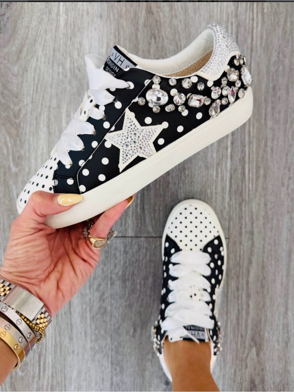 Embellished Black & White Star Polka Dot Women's Sneakers. Brand new never worn